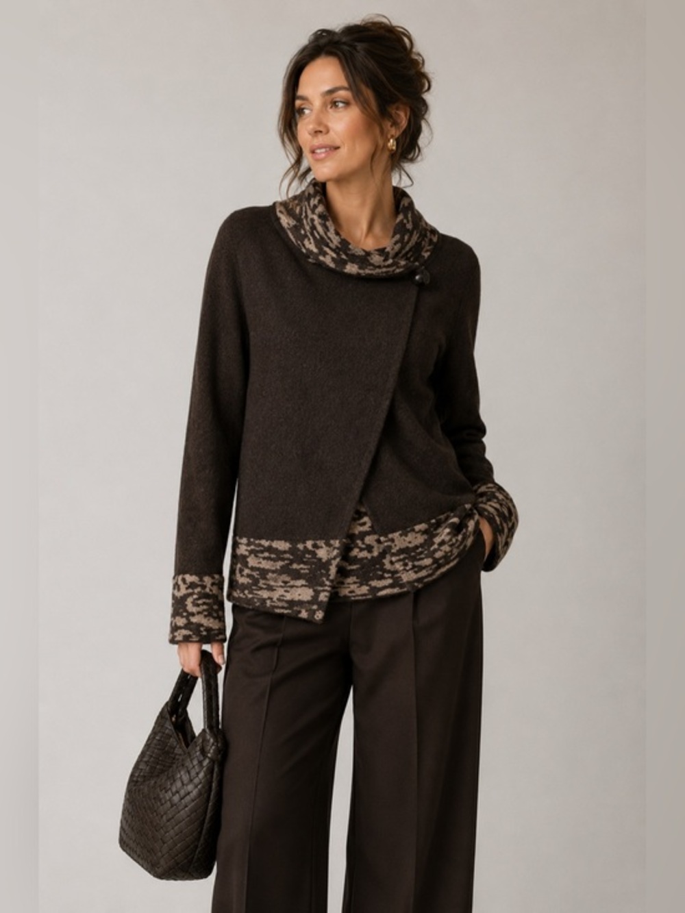 A. IDA Italy Wrap Cardigan Medium Wool Blend Shawl Collar Brown Layered Sweater
